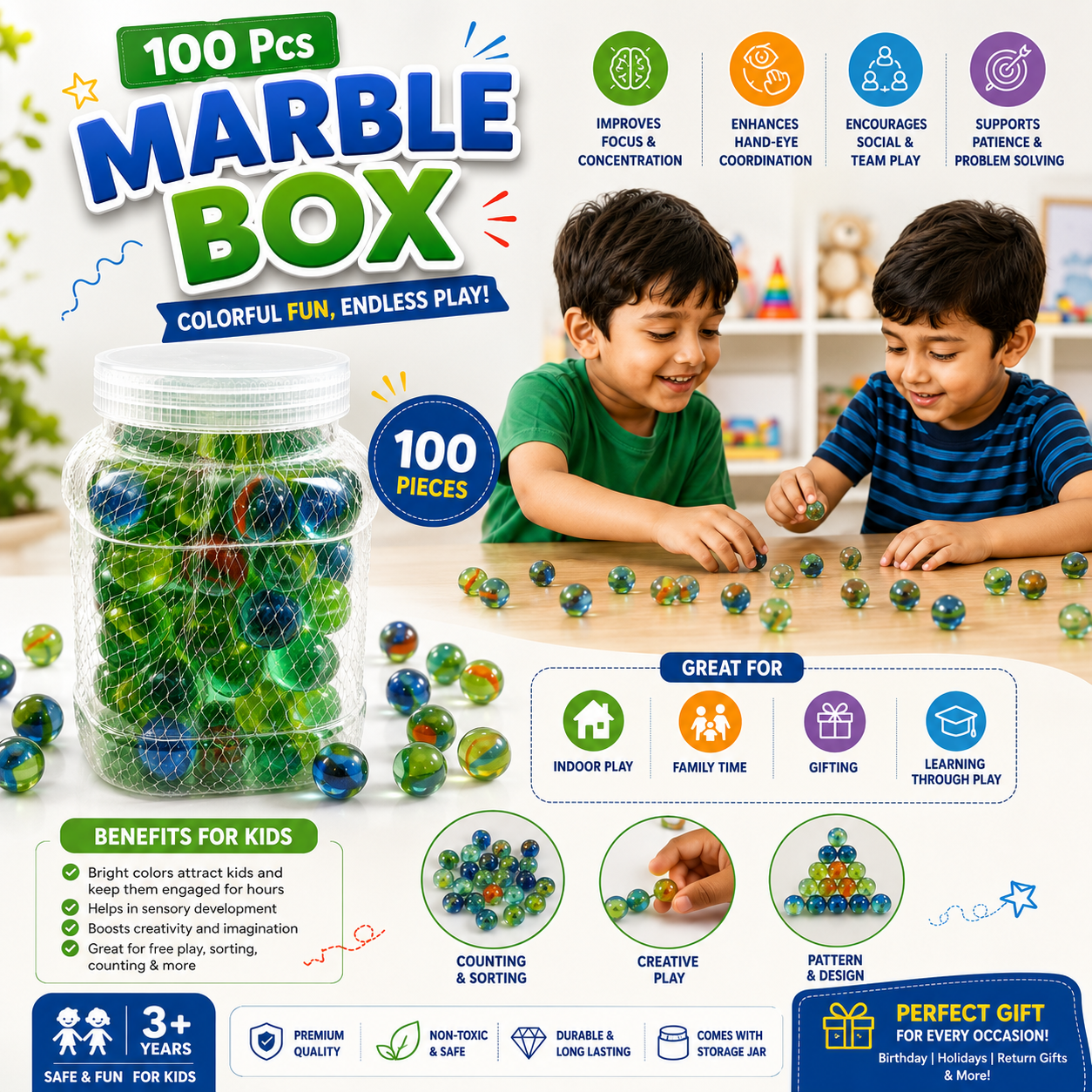 100 Pcs Colorful Marble Box | Educational Sensory Toy for Kids | Enhances Focus, Creativity & Fine Motor Skills | Safe, Durable & Perfect Gift for All Occasions