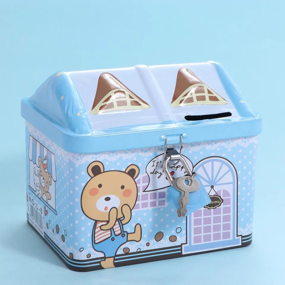 House Shaped Metal Piggy Bank for Kids | Cute Cartoon Coin Saving Box with Lock and Key | Fine Motor Skill & Routine Learning Toy for Autism & Special Needs