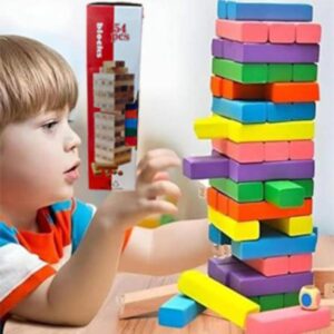 54 Pcs Colorful Wooden Stacking Blocks Game | Classic Brain Teaser & Educational Building Toy for Kids & Adults | Promotes Focus, Motor Skills & Logical Thinking