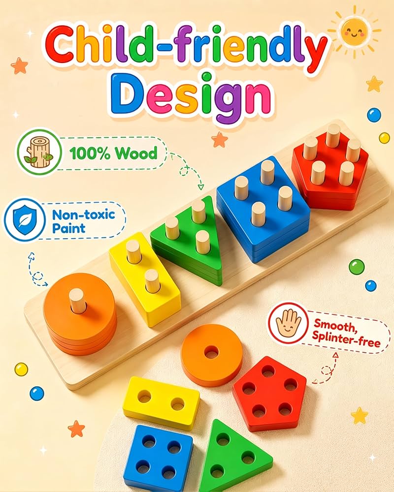 Educational 5-Shape Wooden Sorting & Stacking Tray | Montessori Learning Tool for General & Special Needs Kids | Enhances Fine Motor Skills, Focus & Sensory Development