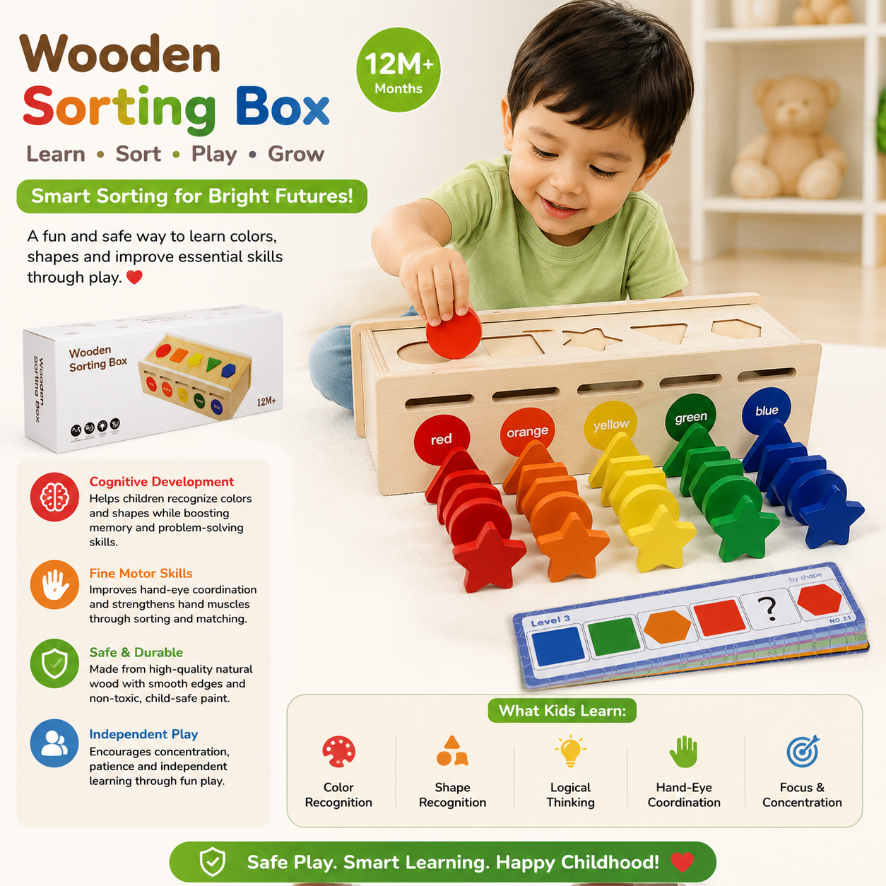 Premium Wooden Shape Sorting Box | Geometric Color & Shape Match Puzzle Board | Fine Motor Skills & Occupational Therapy Toy for Autism, ADHD & Toddlers