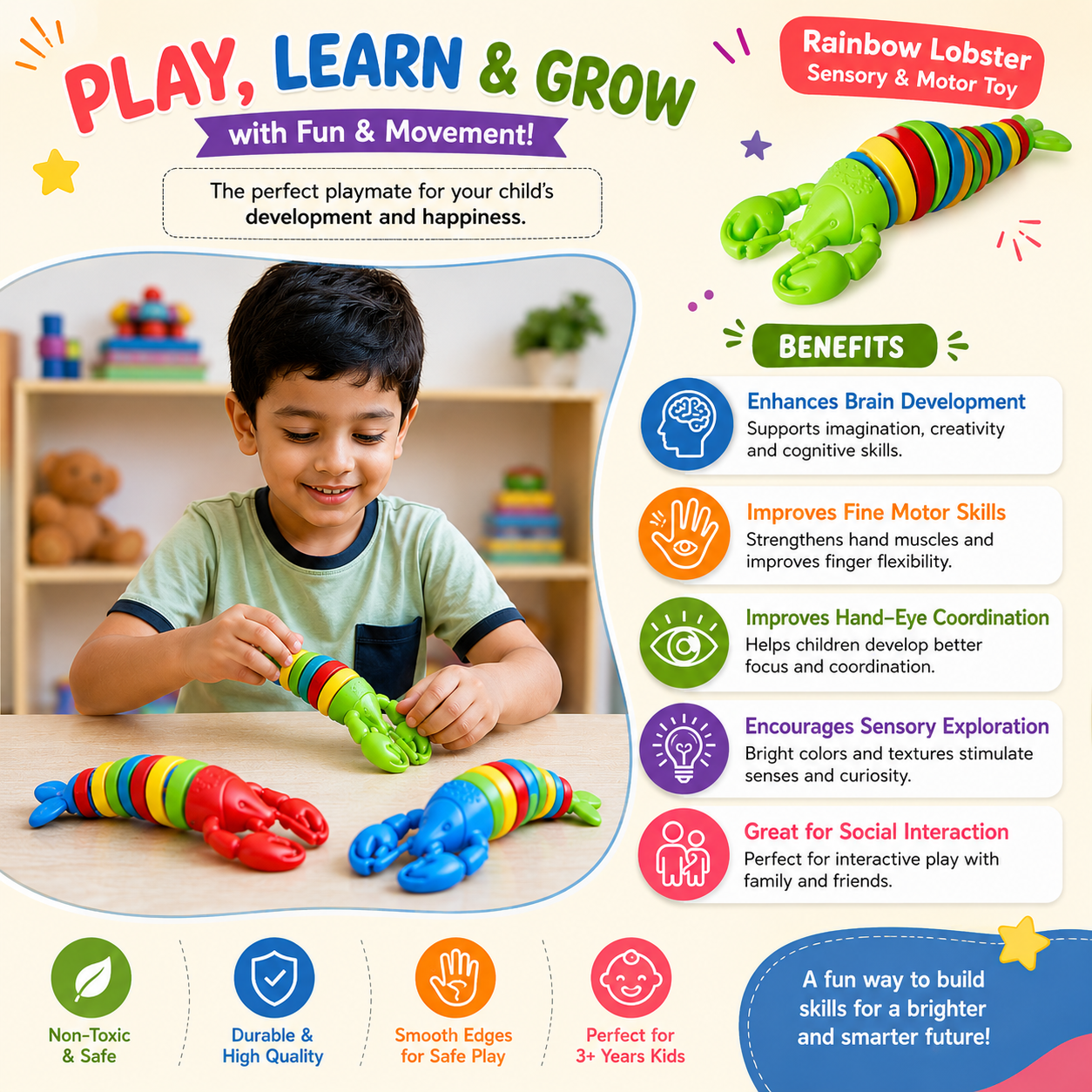Slug Lobster Toy Flexible Articulated Lobster Sensory Toy | Fidget & Stress Relief Toy for General & Special Needs Kids | Enhances Fine Motor Skills, Focus & Calming Sensory Stimulation