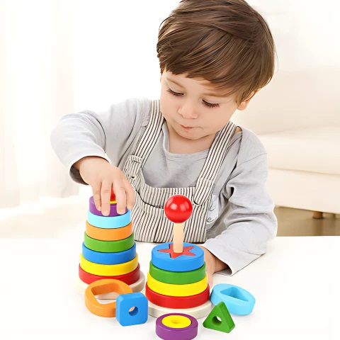 Rainbow Small Shape Cutting Tower | Rainbow Wooden Stacking Tower | Educational Sensory Toy for Kids | Enhances Fine Motor Skills, Hand-Eye Coordination & Cognitive Development